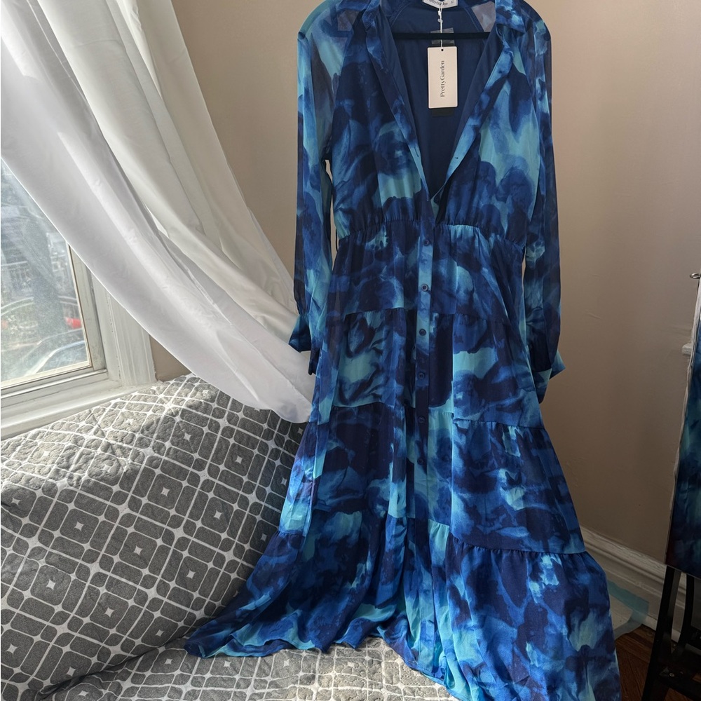 Blue Printed Tiered Maxi Dress - Unbranded